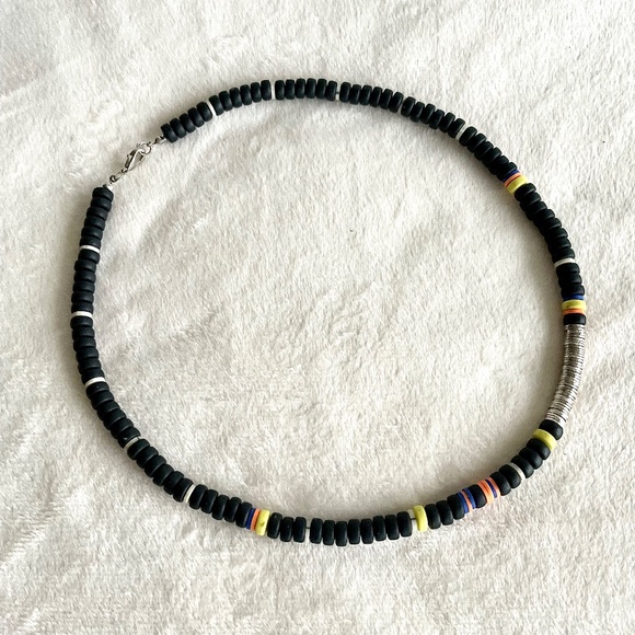 Beaded Necklace/w Black, White, Yellow, Orange, Blue, and Metal Beads - Picture 1 of 13